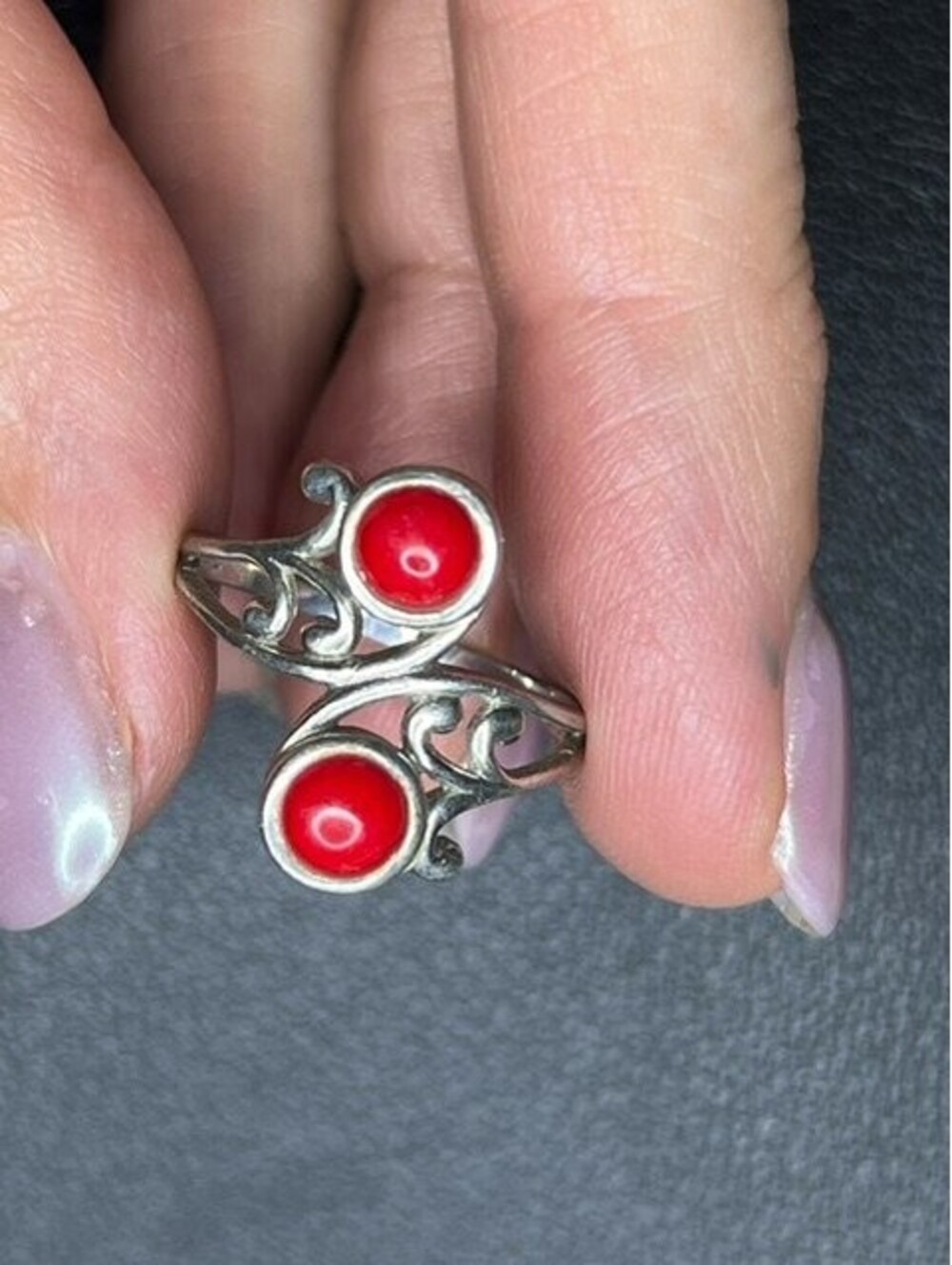 B7559 Sterling Silver Red Coral Bypass Ring Filigree Two Stone Cabochon sz 7